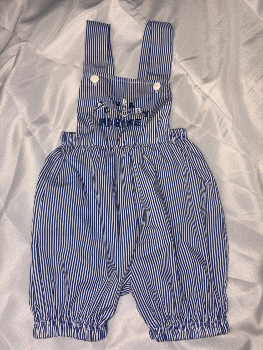 Baby Blue Striped Overalls with Nautical Embroidery